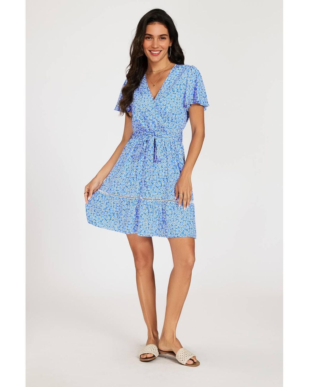 FS Collection Blue Floral Wrap Front Mini Dress With Lace Trim Hem