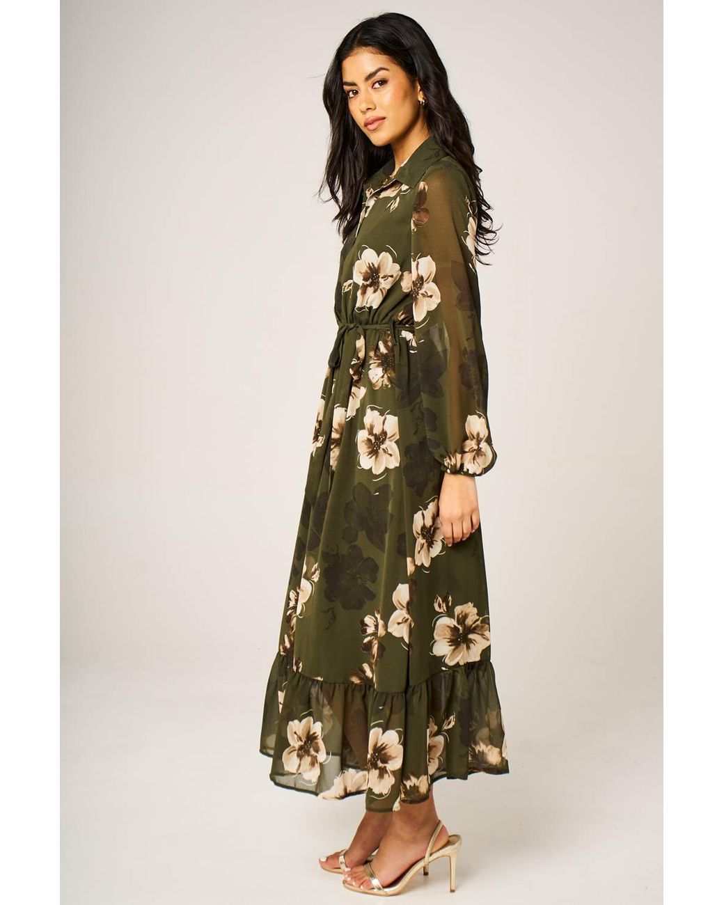 FS Collection Green Floral Print Hem Detail Long Sleeve Shirt Midi Dress