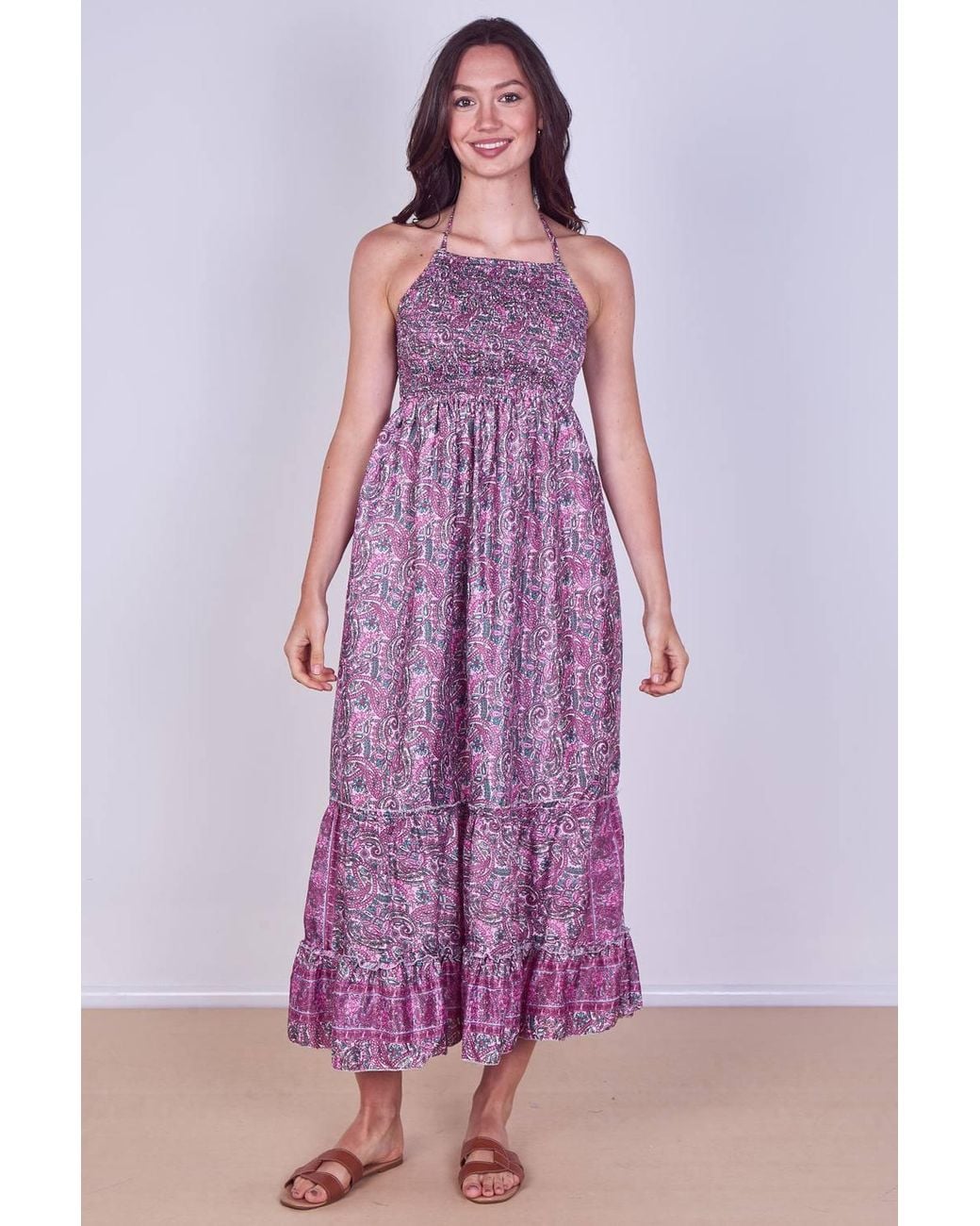 ELAINA FASHION Purple Boho Paisley Halterneck Maxi Dress