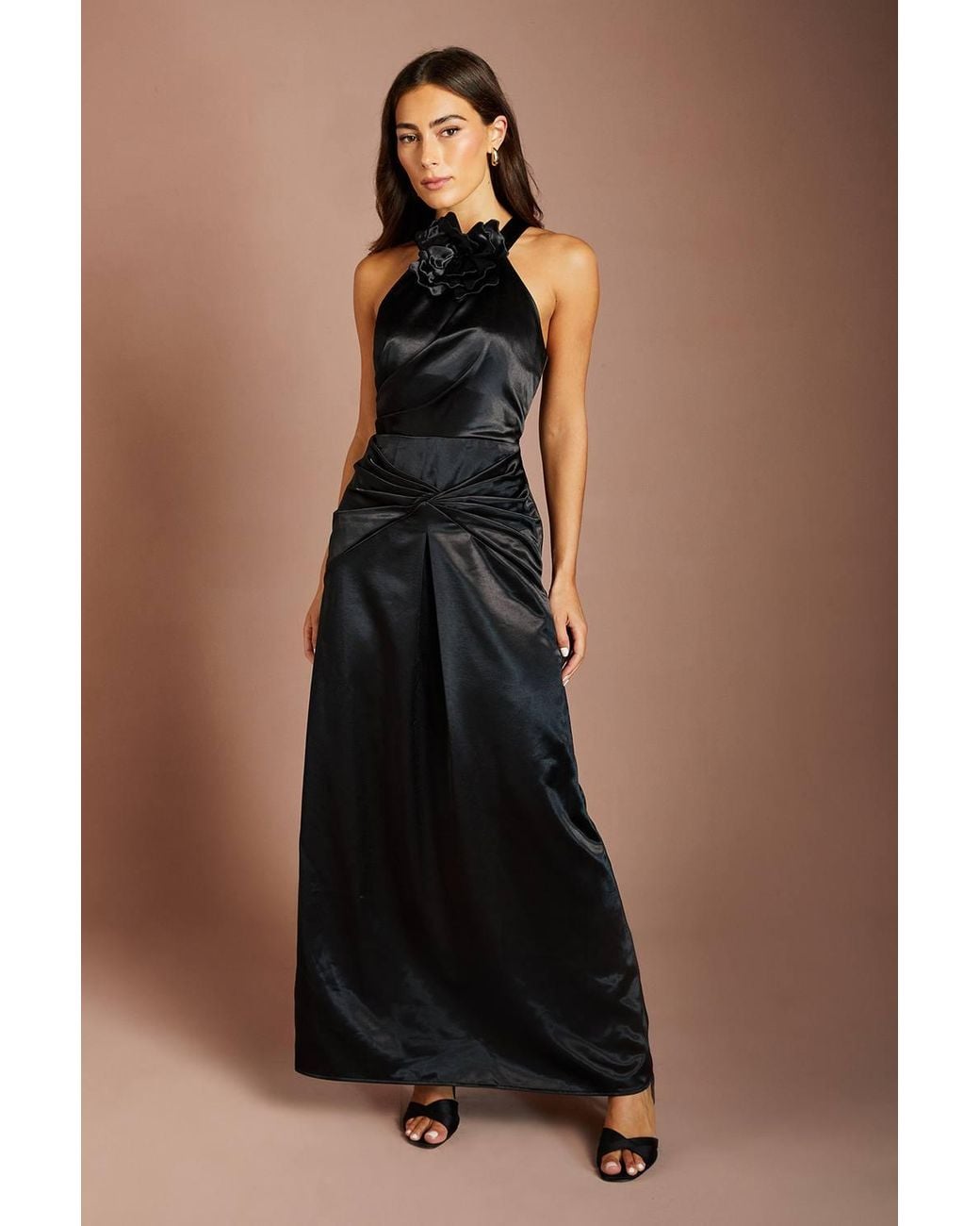 Coast Black 3D Corsage Halterneck Drape Satin Maxi Dress