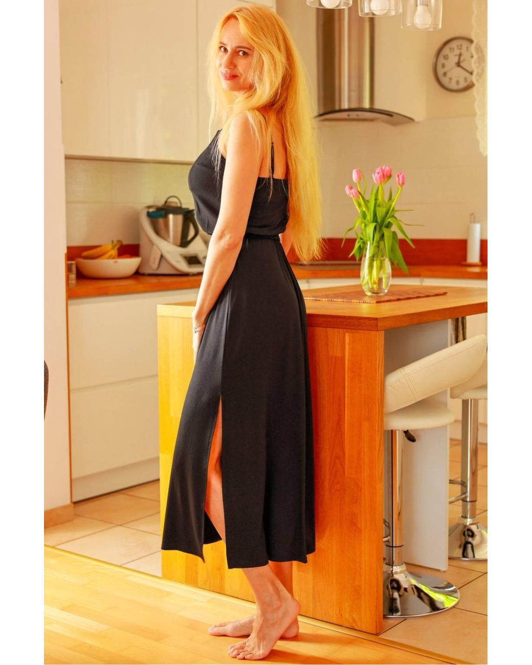 Love Lace Yellow Long Viscose Dress With Elastic Waist Belt