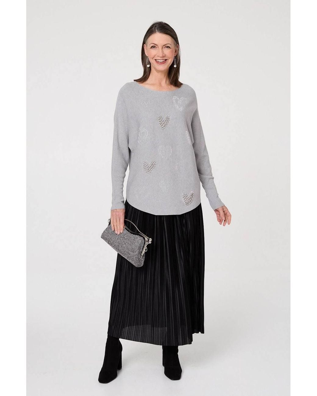 Izabel London Gray Sparkly Heart Print Long Sleeve Jumper