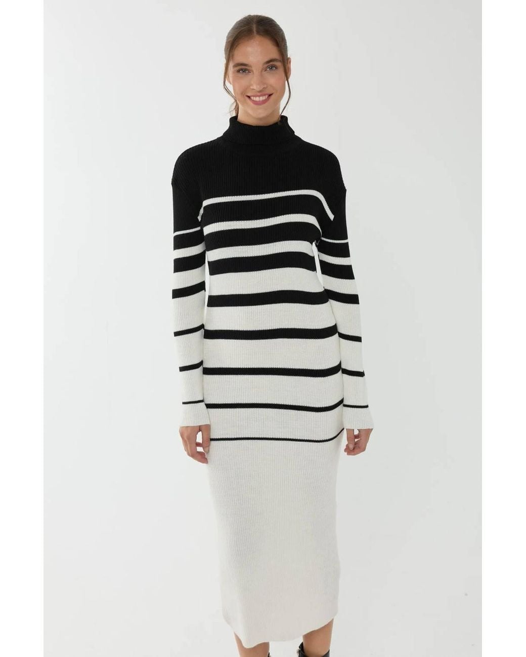 Hiccup Black Striped Turtleneck Bodycon Midi Dress