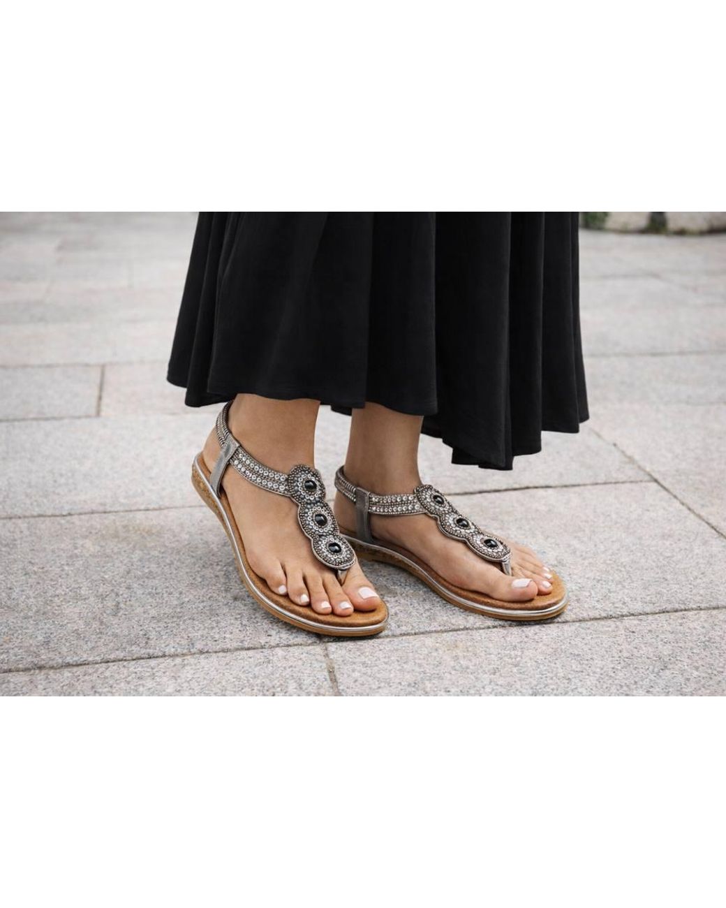 LARANGE Black Metallic T-Strap Rhinestone Sandals Elastic Back Sparkly Flat Shoes