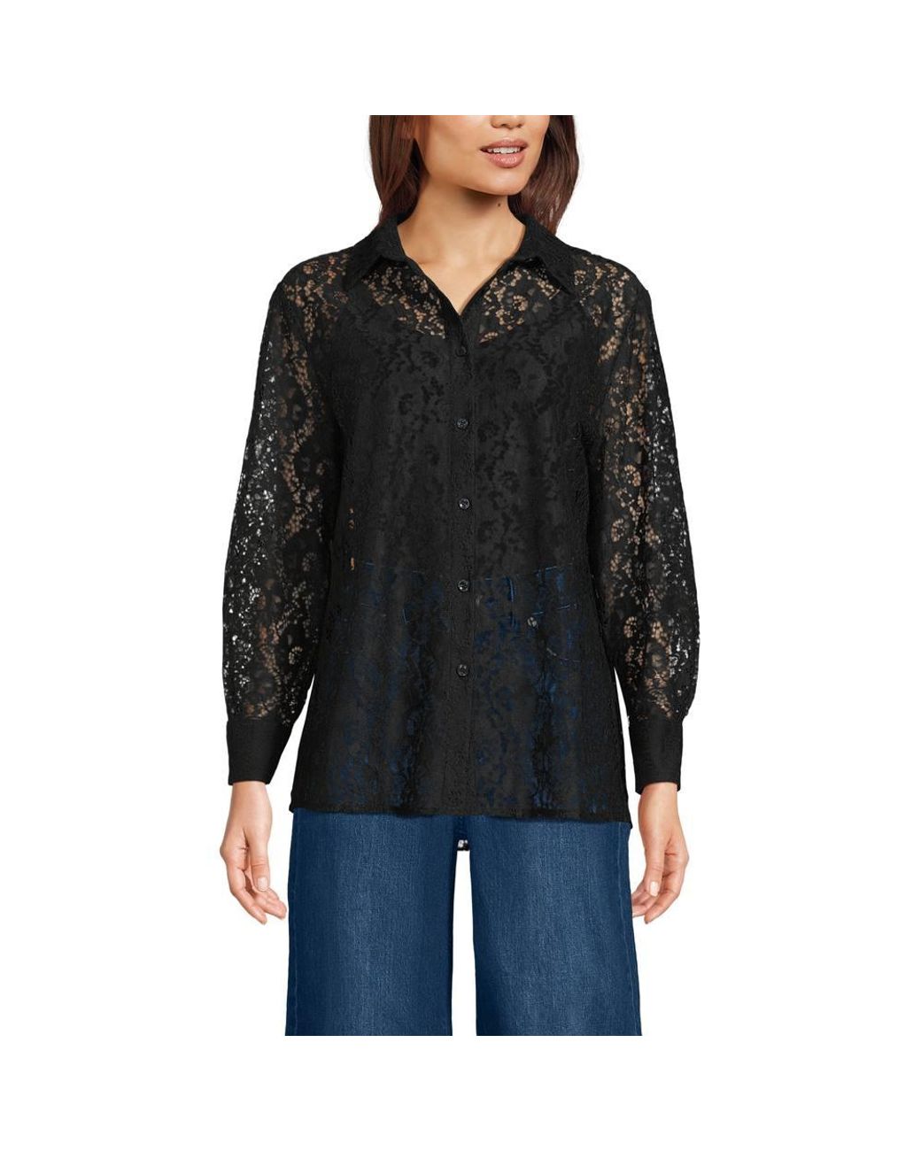 Lands' End Black Petite Lacey Long Sleeve Shirt