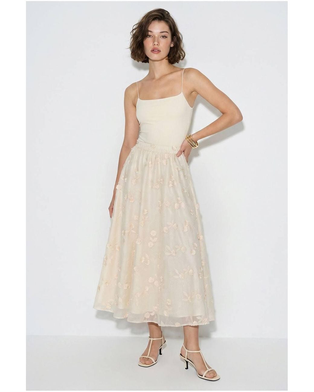 Bianco Lucci White Embroidered High-Waist Midi A-Line Skirt