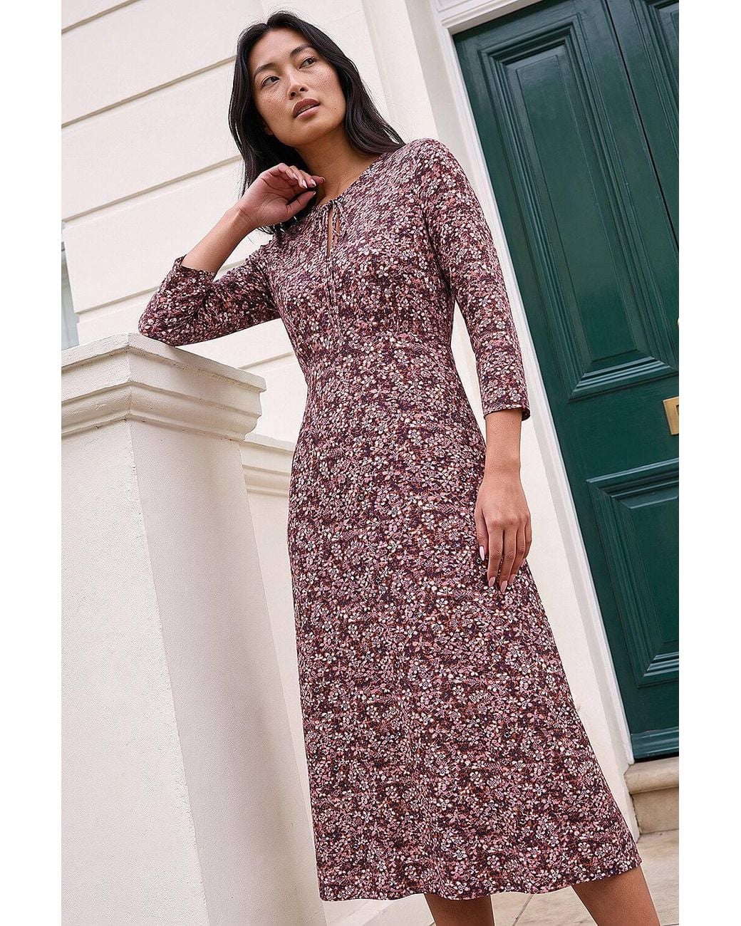Roman Red Petite Paisley Tie Neck Dress