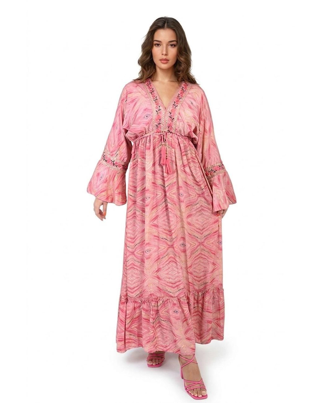 IKRUSH Pink Melissa Printed Long V-Neck Ruffled Hem Maxi Dress