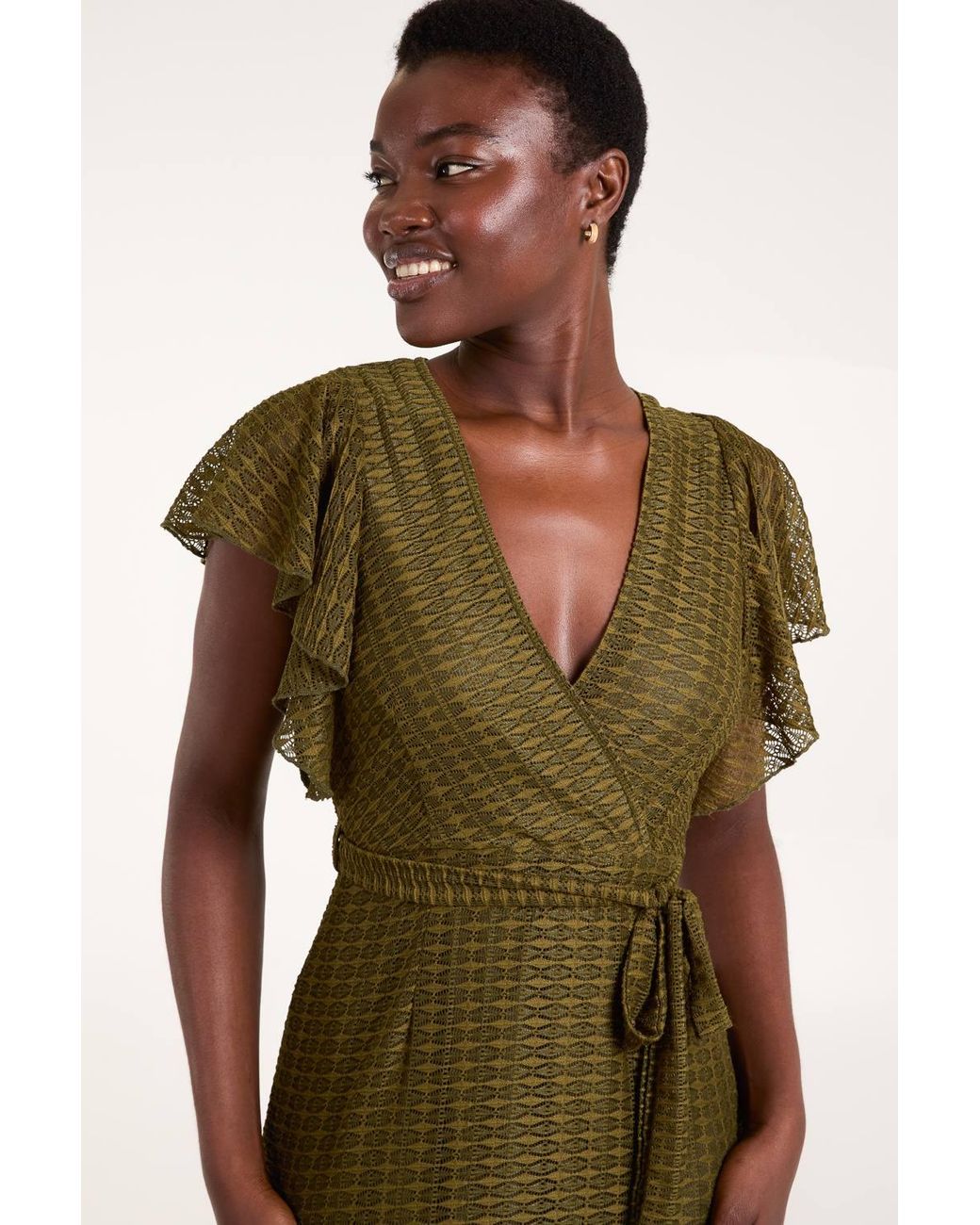 Blue Vanilla Green Lace Wrap Midi Dress