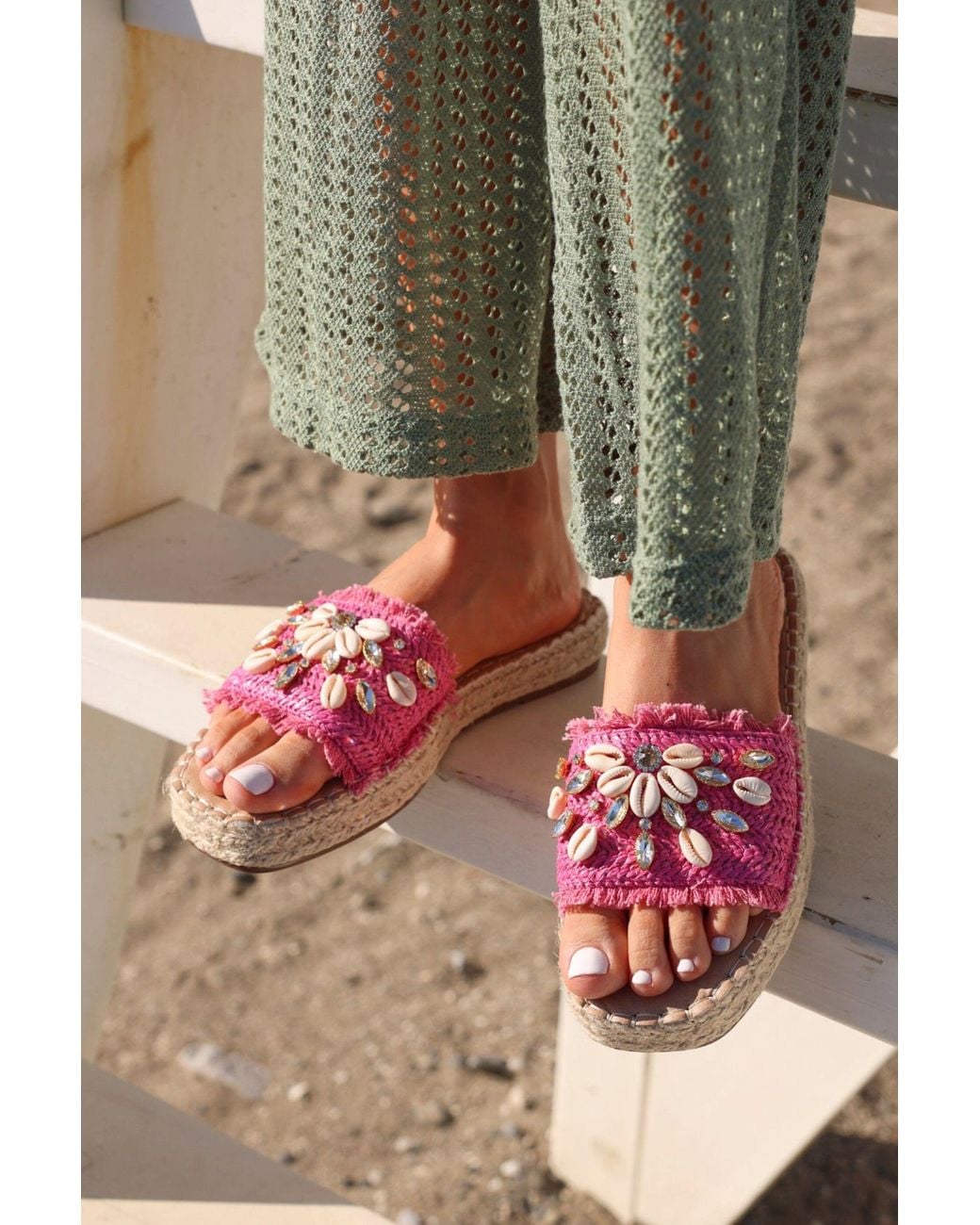 Linzi Pink Seaside Raffia Embellished Sliders