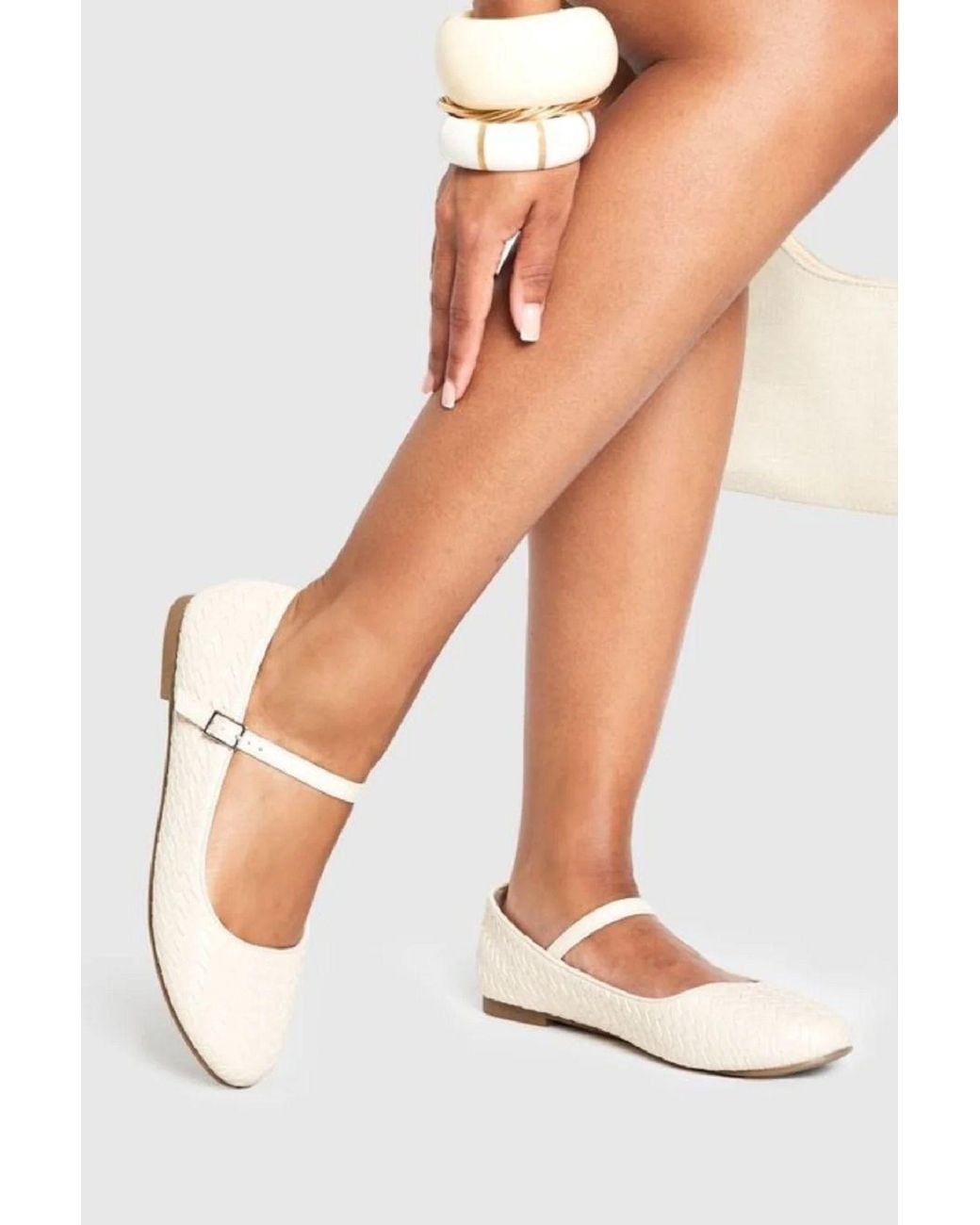 LARANGE White Pu Woven Slip On Flats Ballerina Shoes Strap Mary Jane
