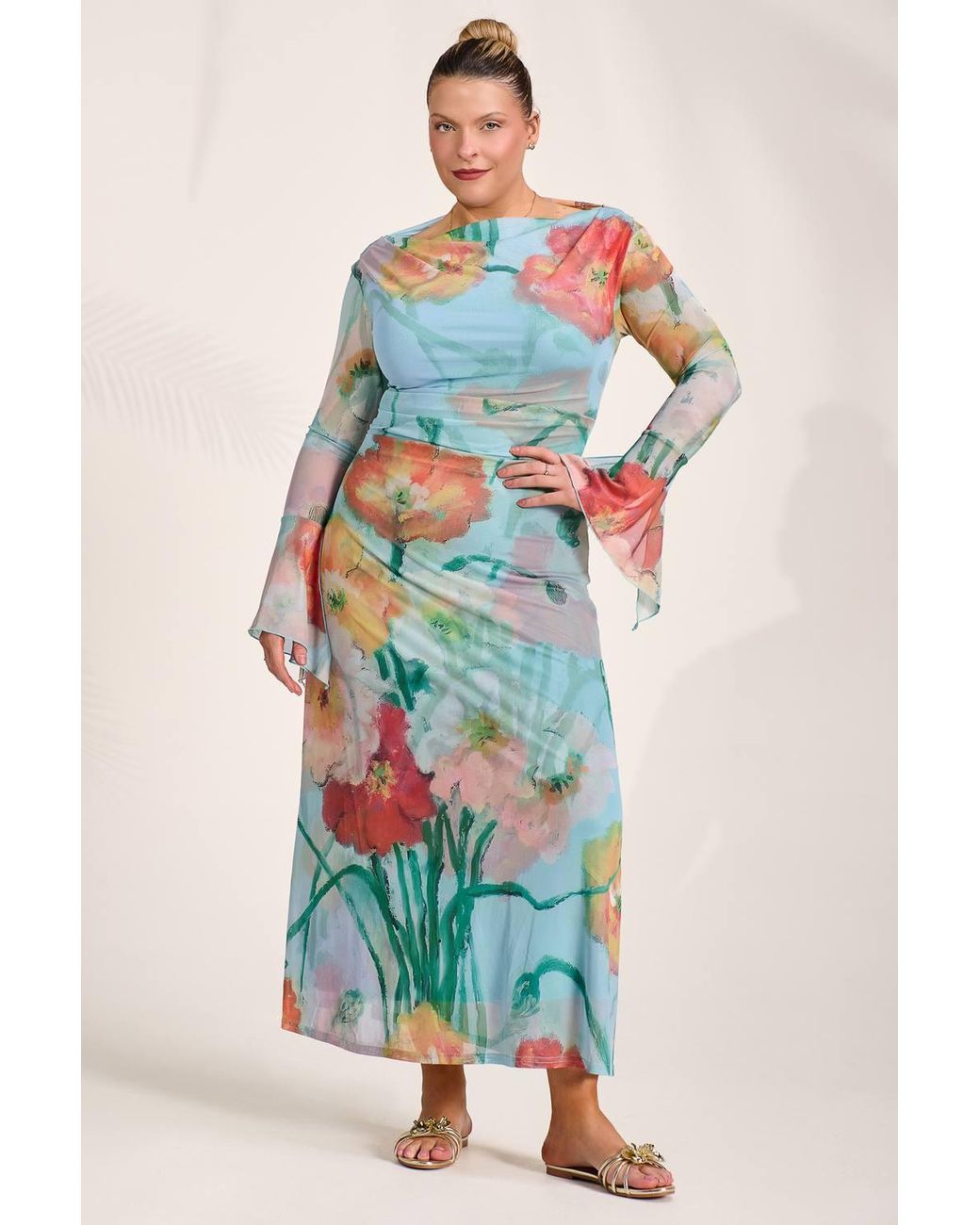 Jolie Moi Blue Long Sleeve Slash Neck Mesh Maxi Dress