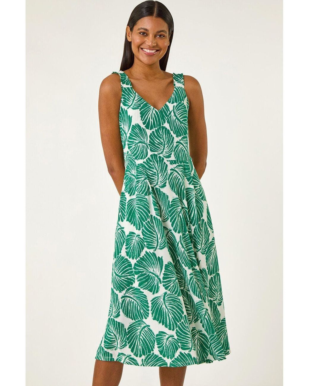 Roman Green Leaf Print V-Neck Stretch Midi Dress