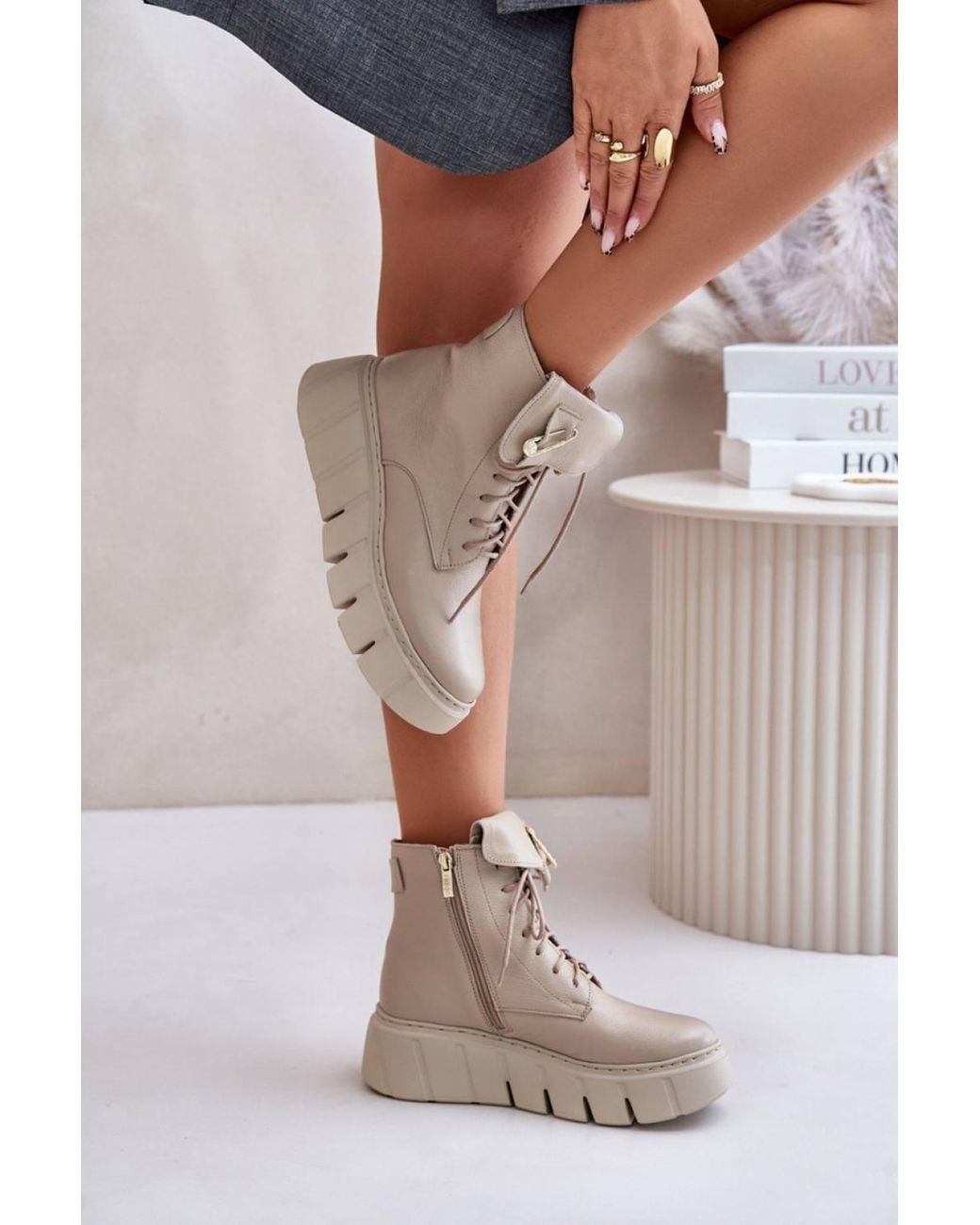 Love Lace Brown Platform Round Toe Lace Up Boots With Zip
