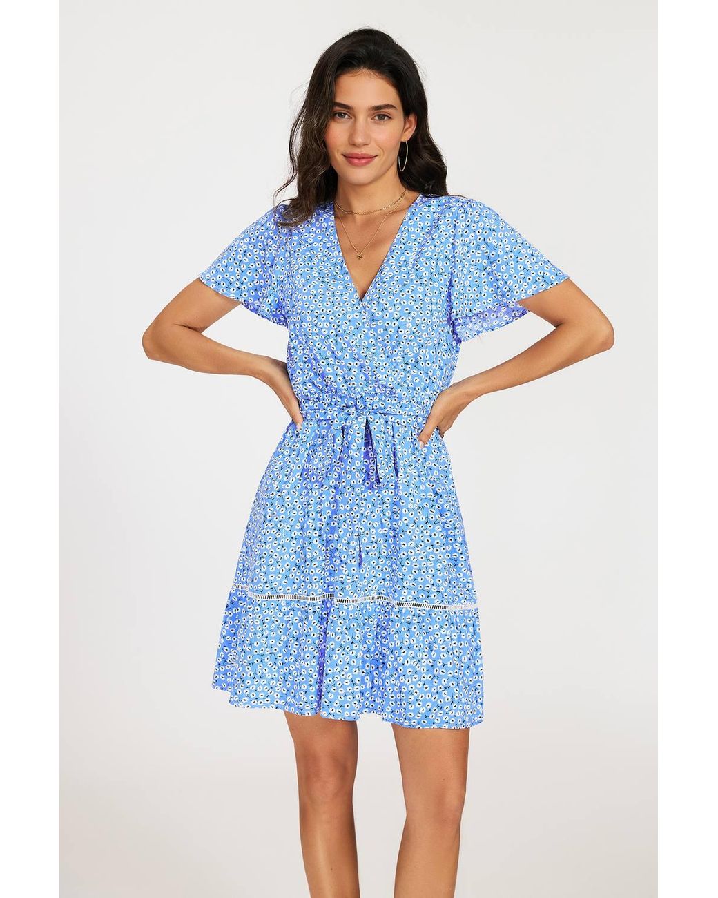 FS Collection Blue Floral Wrap Front Mini Dress With Lace Trim Hem