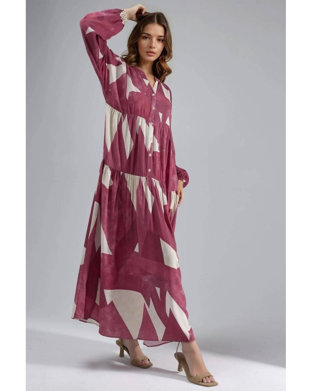 Hiccup Red Printed Long Sleeve Viscose Maxi Dress