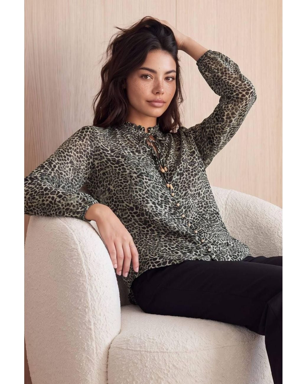 Style Cheat Gray Animal Print Tie Blouse