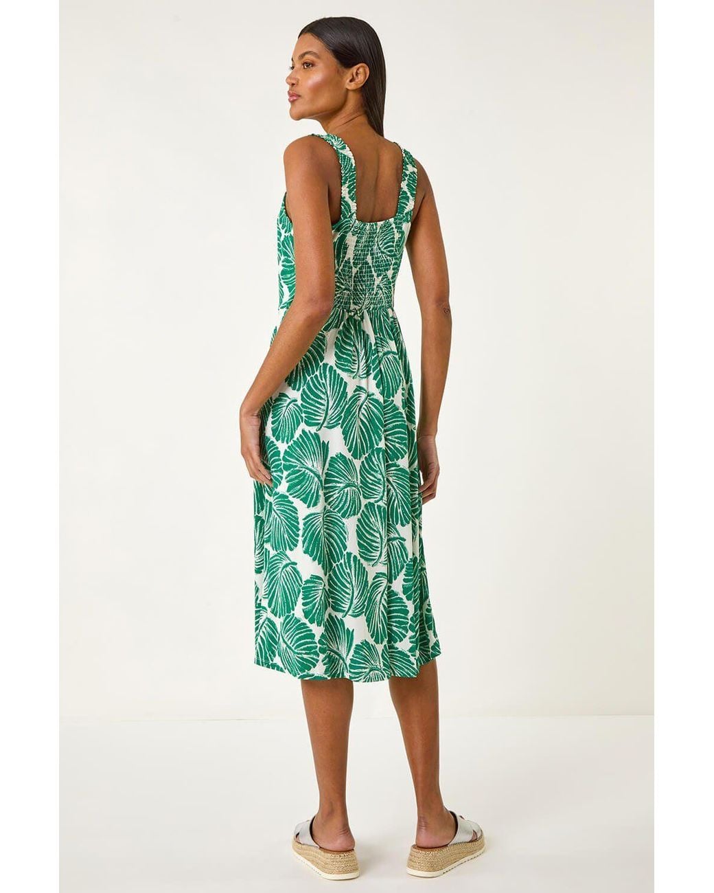 Roman Green Leaf Print V-Neck Stretch Midi Dress