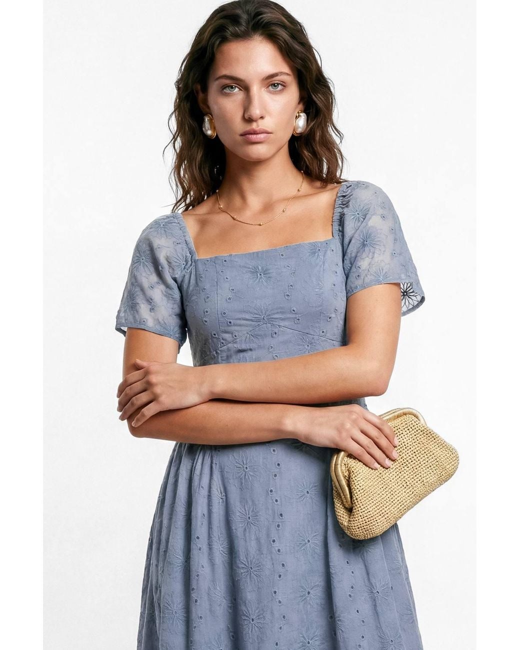 Lovedrobe Blue Broderie Angel Sleeve Maxi Dress