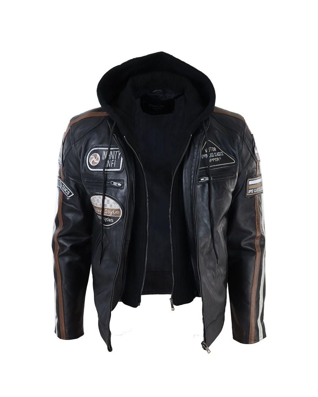 TruClothing Black Hooded Zipped Biker Leather Jacket for men