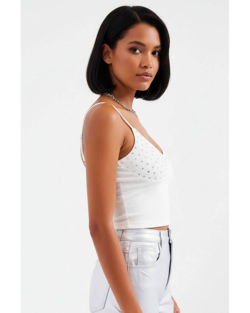 Bigdart White Stone Embellished Fitted Crop Top With V-Neck