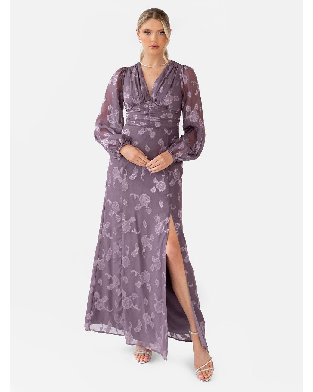 Maya Deluxe Purple Floral Jacquard Long Sleeve Maxi Dress