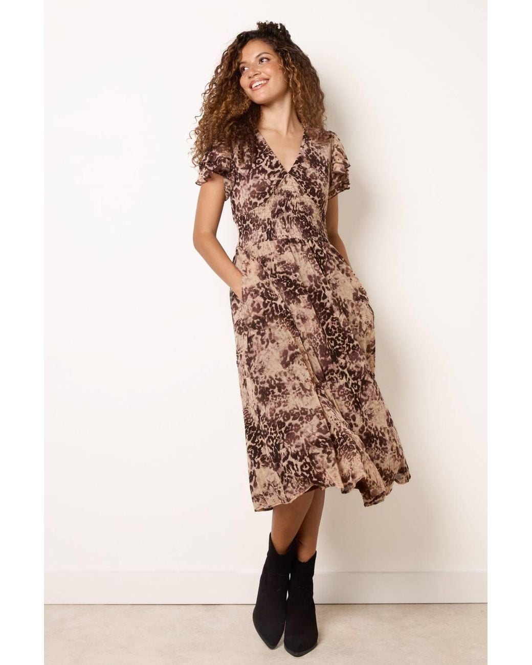 Blue Vanilla Natural Elasticated Waist Short Sleeve V-Neck Midi Dress