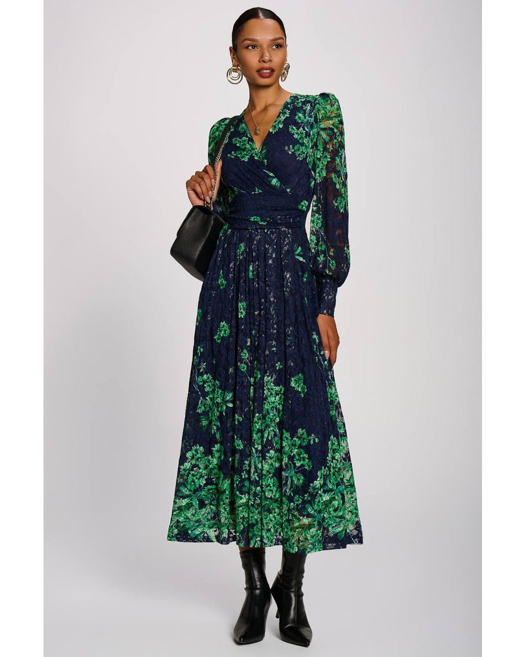 Jolie Moi Green Long Sleeve Printed Lace Maxi Dress