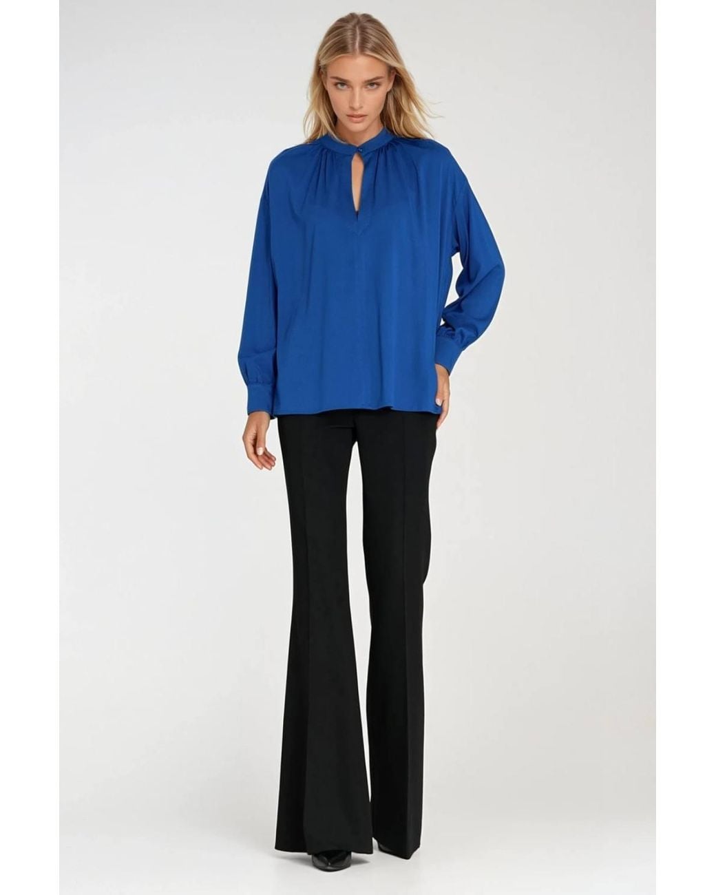 Love Lace Blue Viscose Oversized Long Sleeve Blouse With Buttons