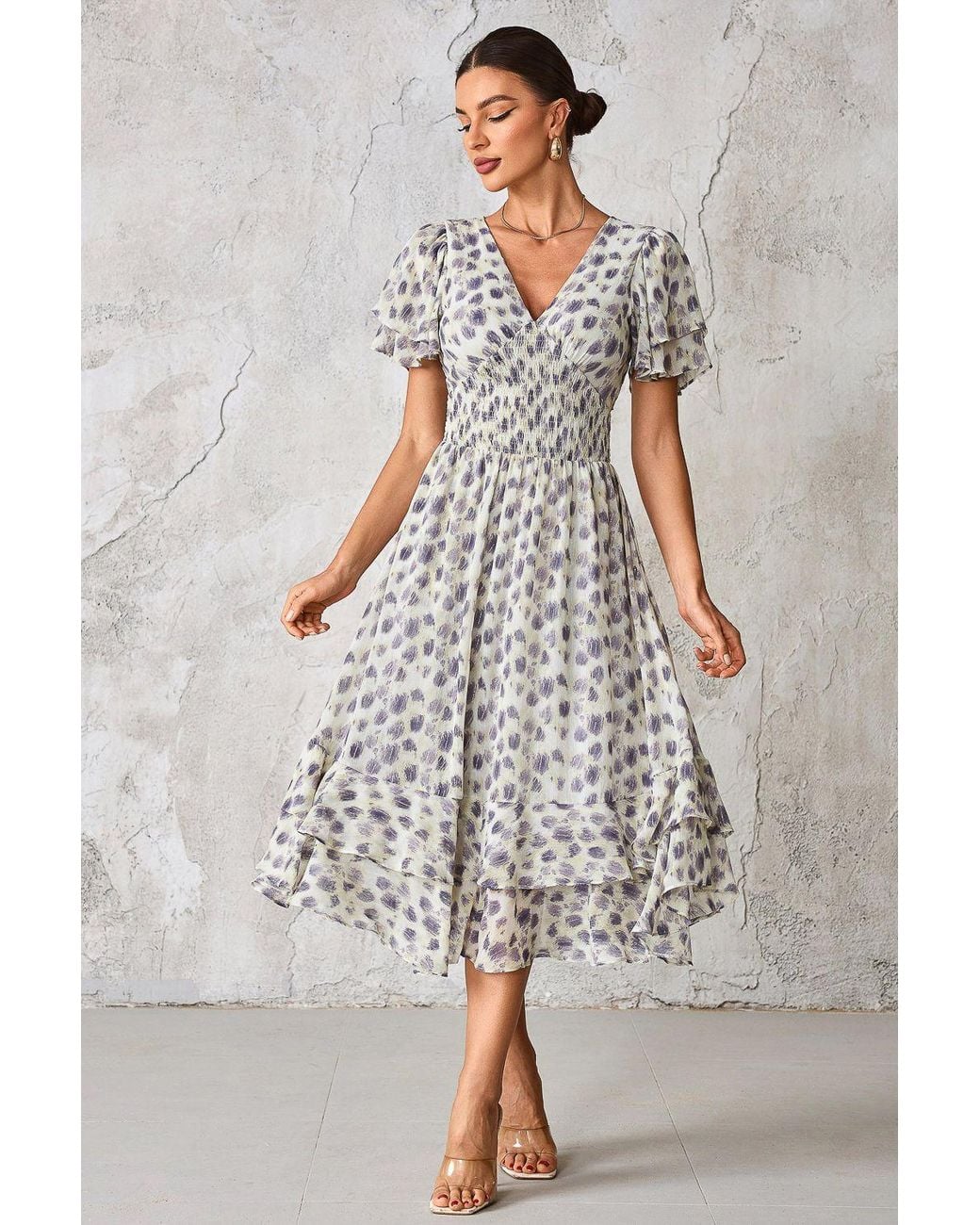 Jolie Moi Gray Frill Hem Chiffon Midi Dress