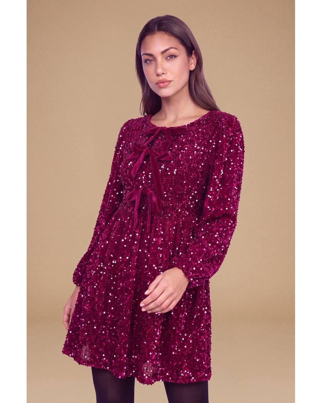 Dorothy Perkins Purple Petite Dp Luxe Contrast Bow Detail Velvet Sequin Mini Dress
