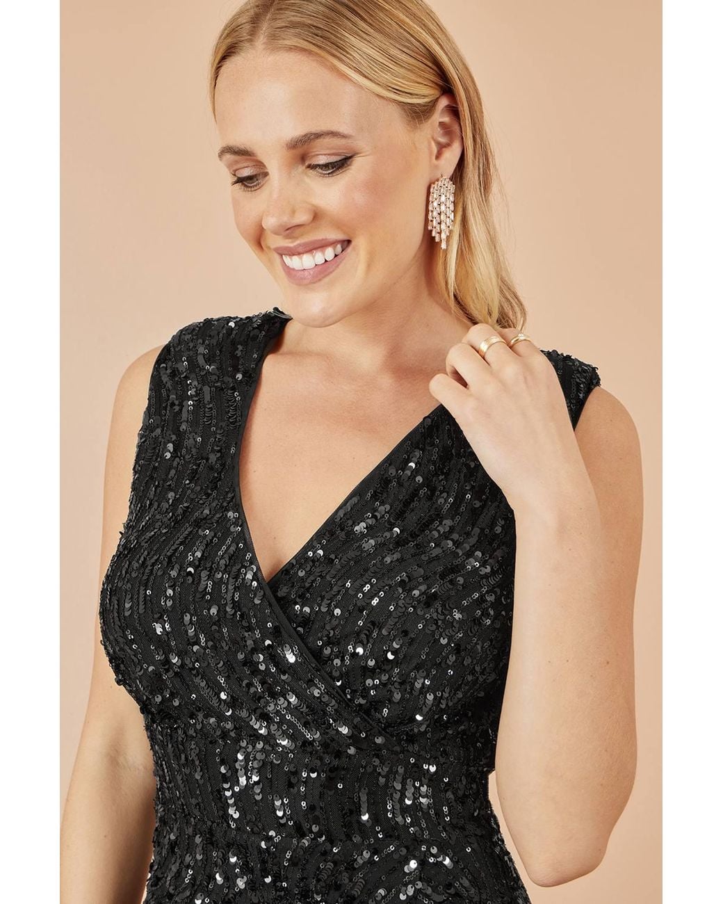 Yumi' Black Sequin Fitted Wrap Dress With Split Hem