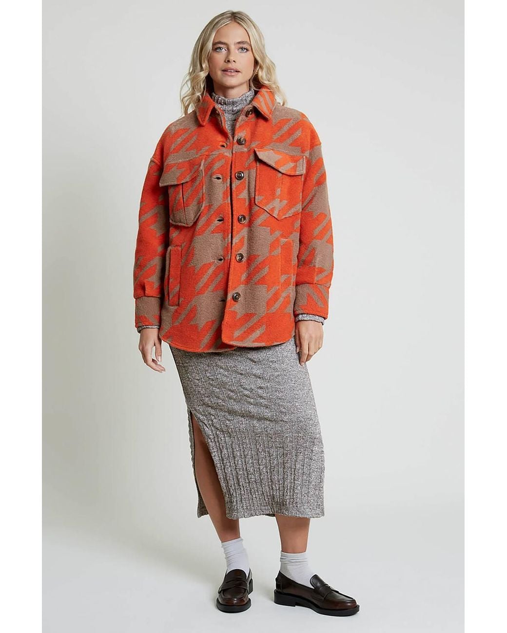 Native Youth Red Houndstooth Print Brushed Button Shacket