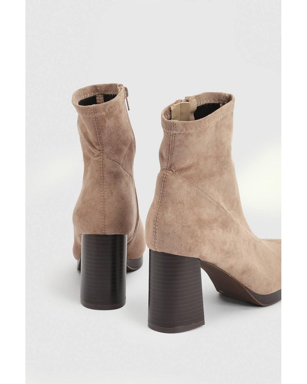 Oasis Natural Elora Faux Suede Stretch Pull On High Block Heel Ankle Boots