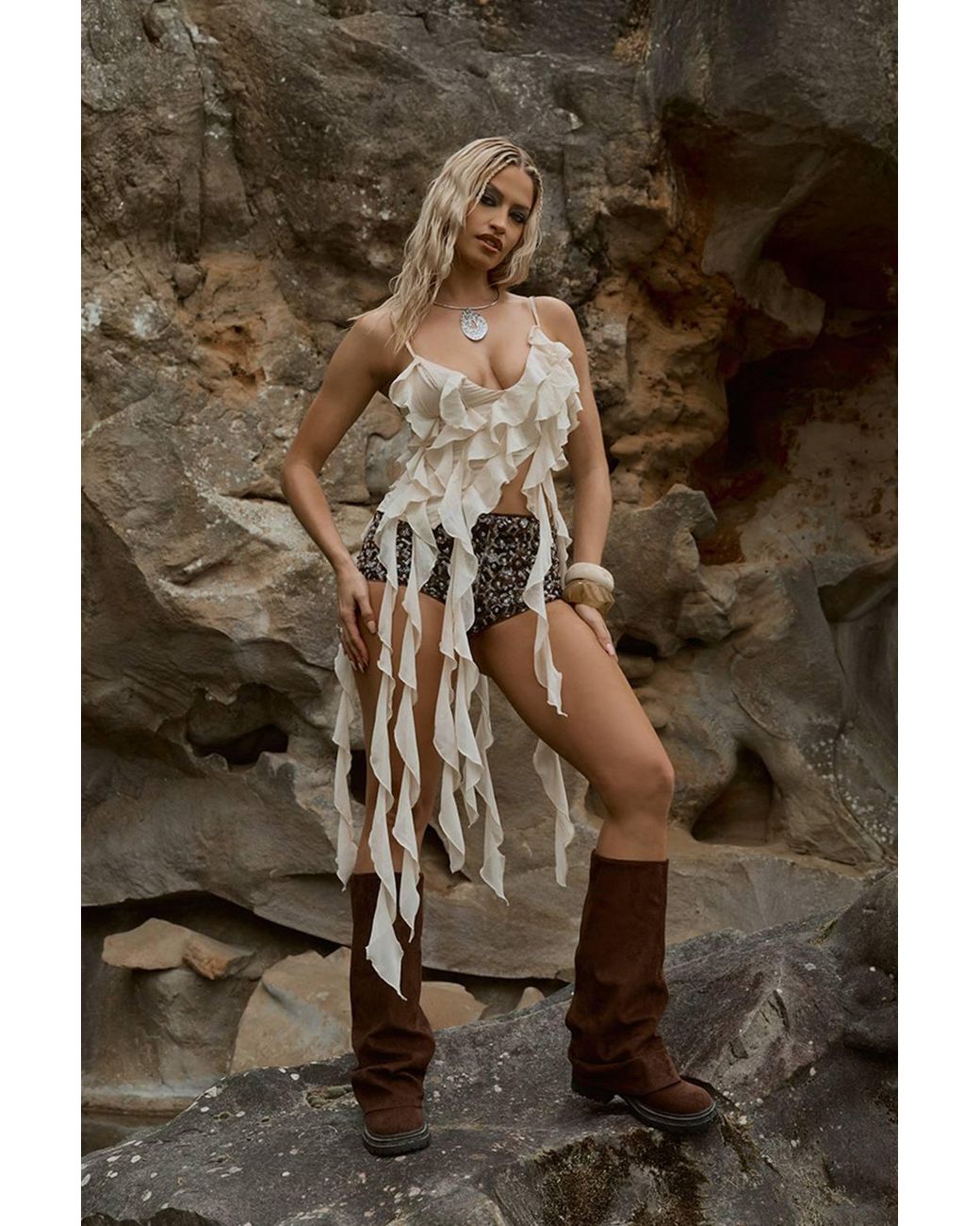 EGO Natural Strappy V-Neck Frill Trim Cami Top