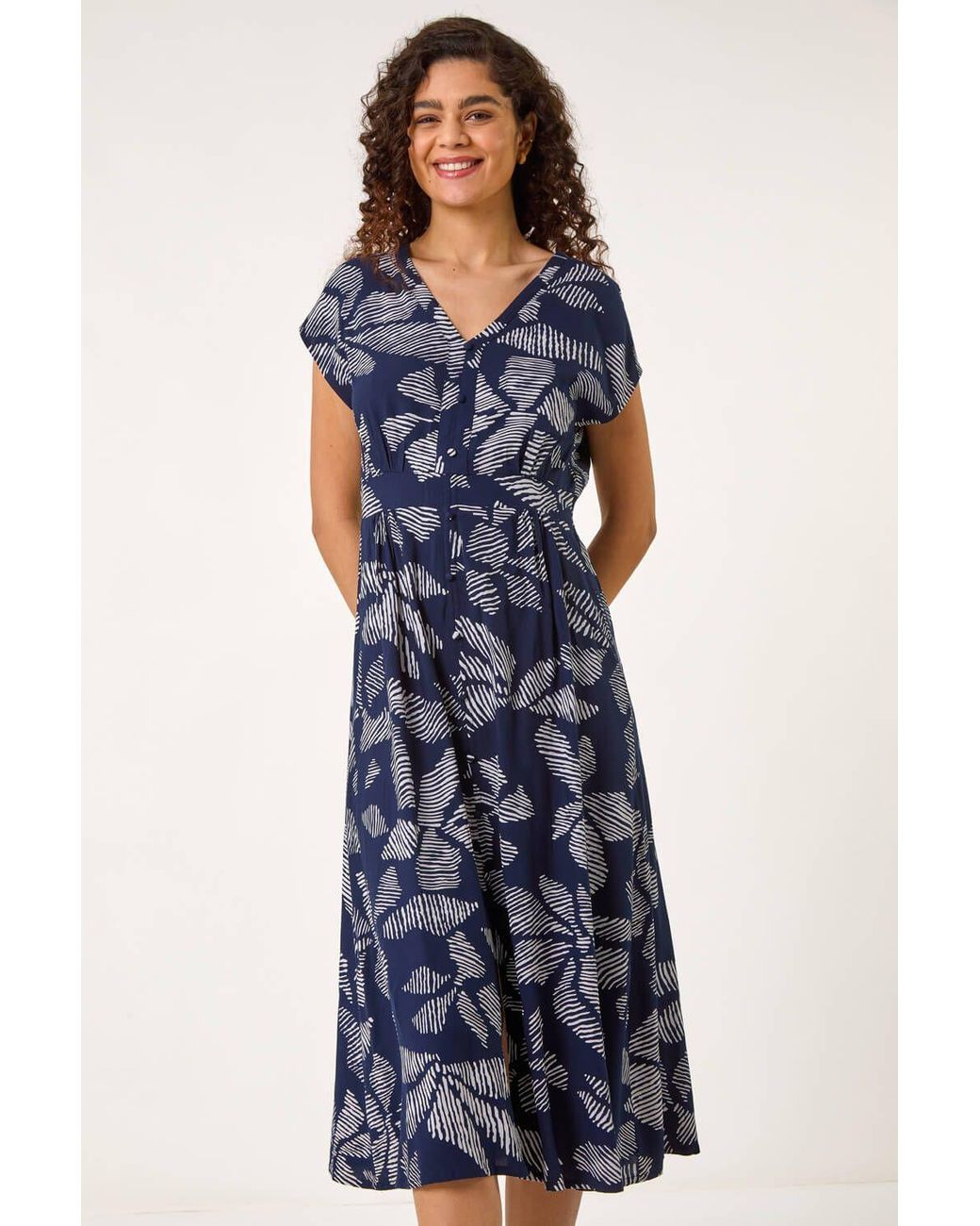 Roman Blue Leaf Print Buttoned Midi Dress