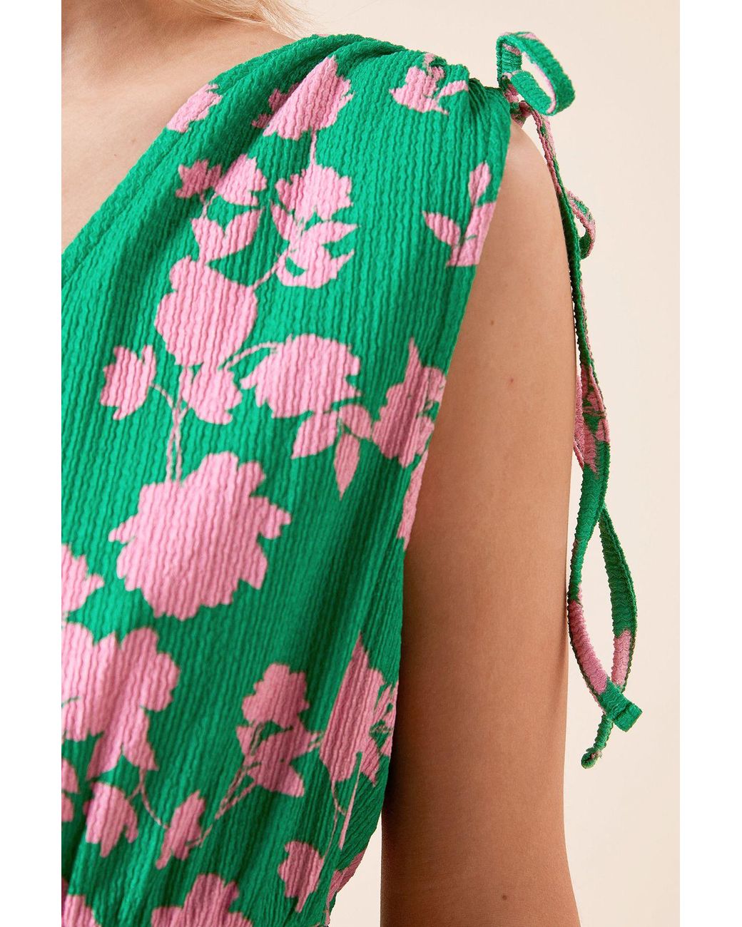 Dorothy Perkins Green Floral Tie Shoulder Shirred Waist Jersey Midi Dress
