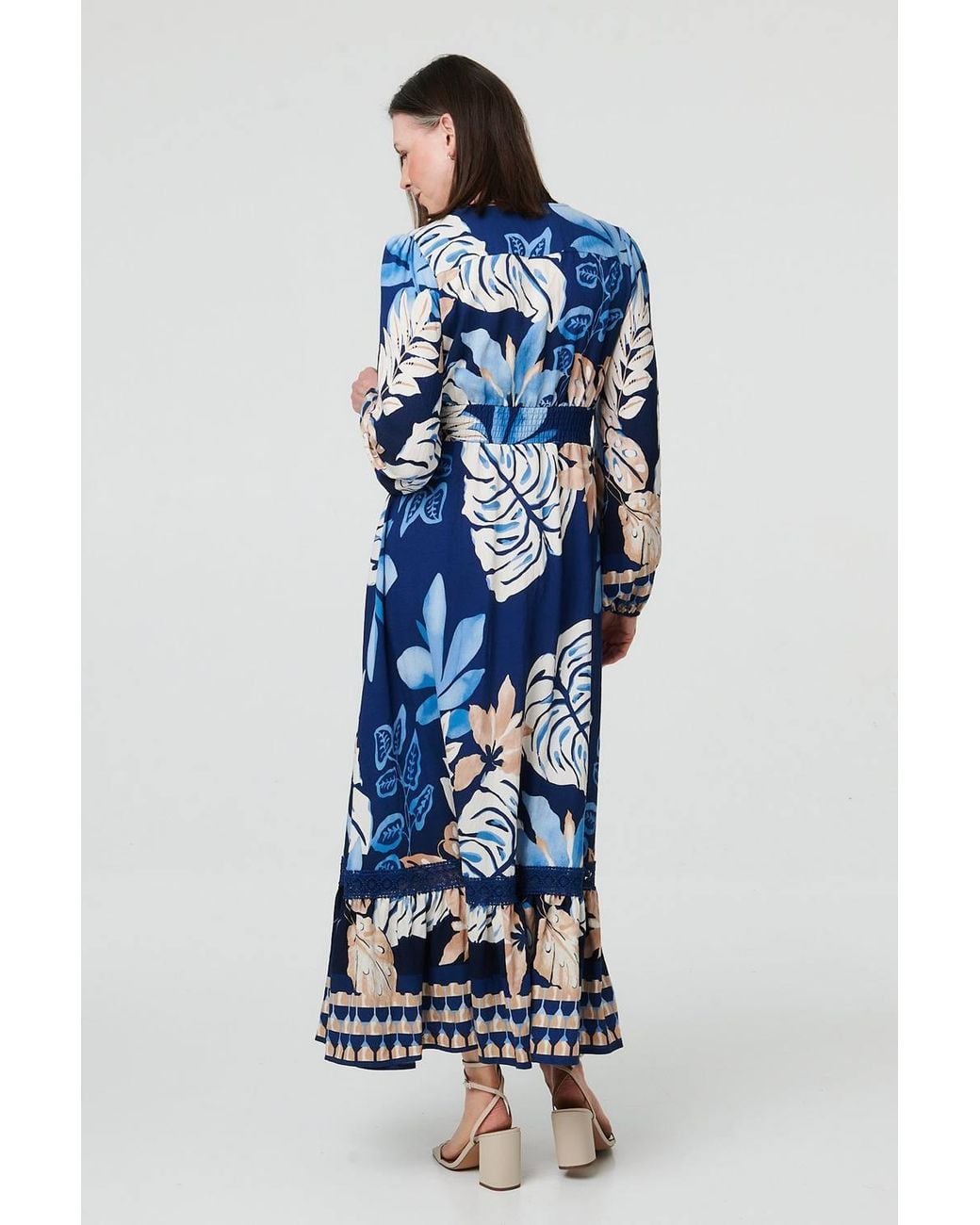Izabel London Blue Printed Long Sleeve A-Line Maxi Dress