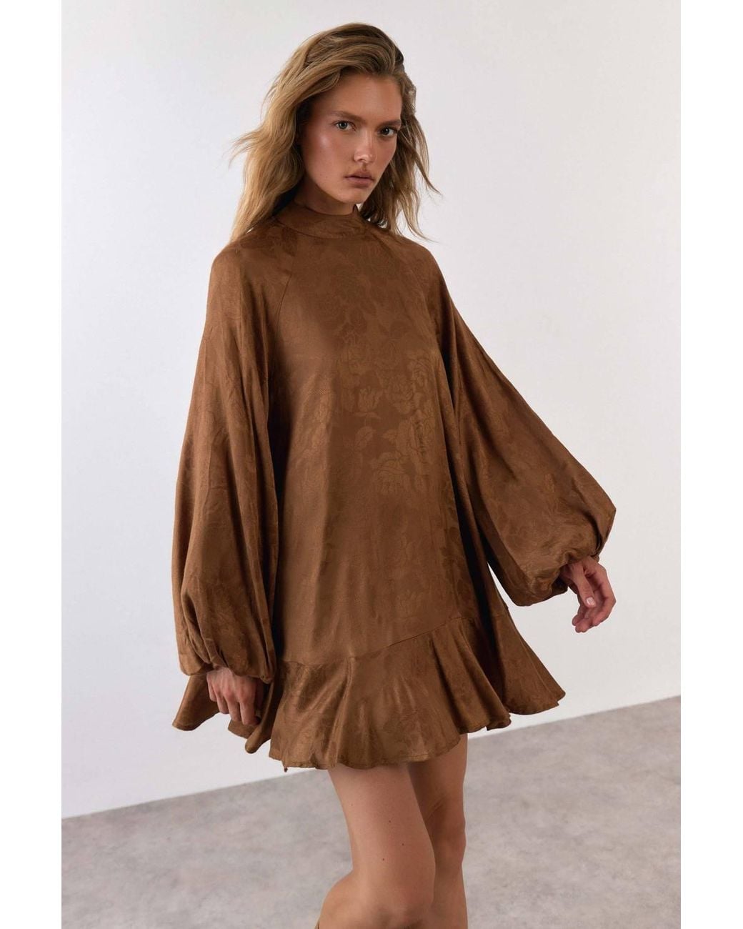 Warehouse Brown Jacquard Blouson Sleeve Mini Dress