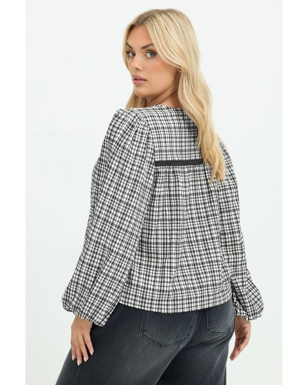 Yours Gray Gingham Lace Detail Blouse