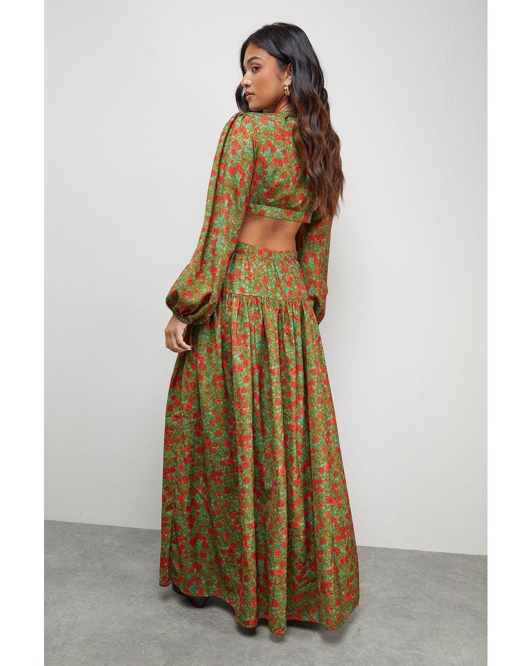 Warehouse Natural Petite Premium Satin Open Back Maxi Dress