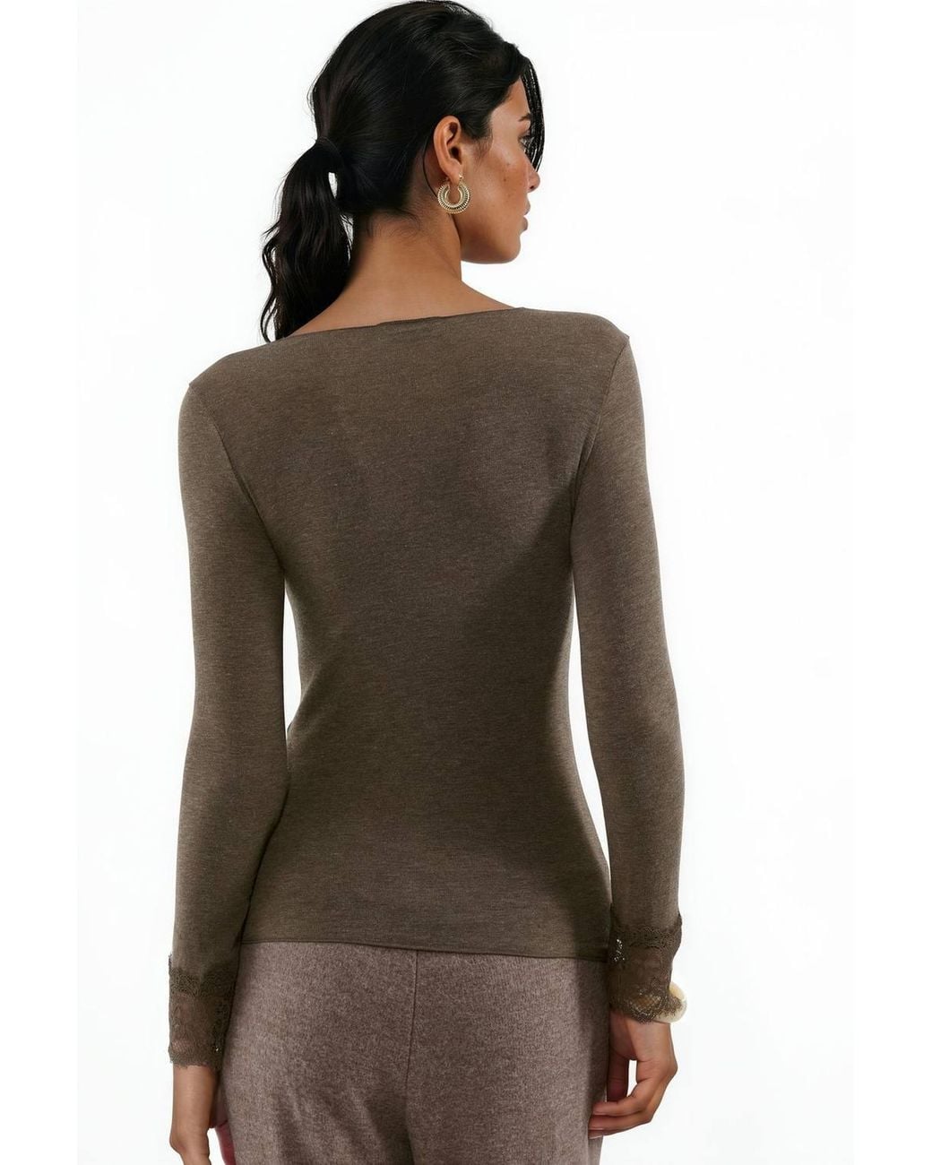 Busem Brown Long-Sleeve Lace V-Neck Top