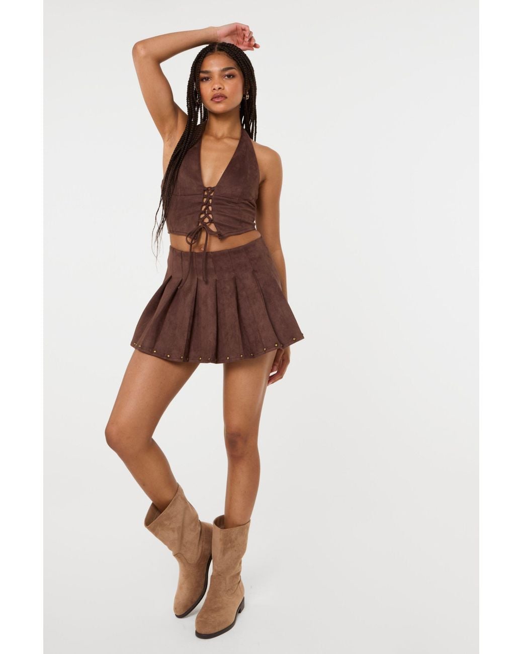 Pink Vanilla Brown Suedette Lace Halterneck Top