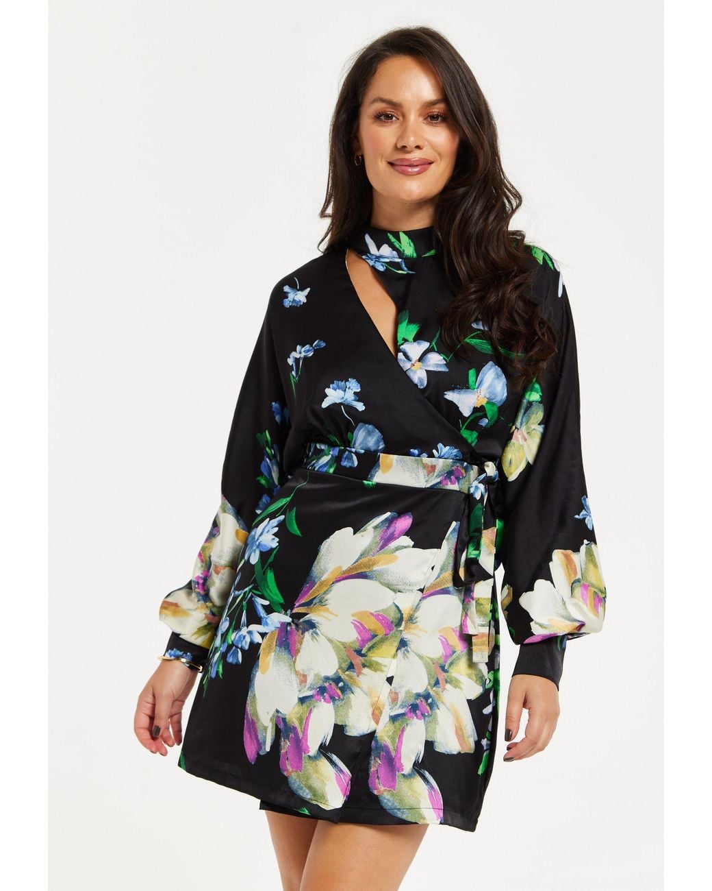 Liquorish Black Elegant Floral Print Mini Wrap Dress With Cut Out Detail