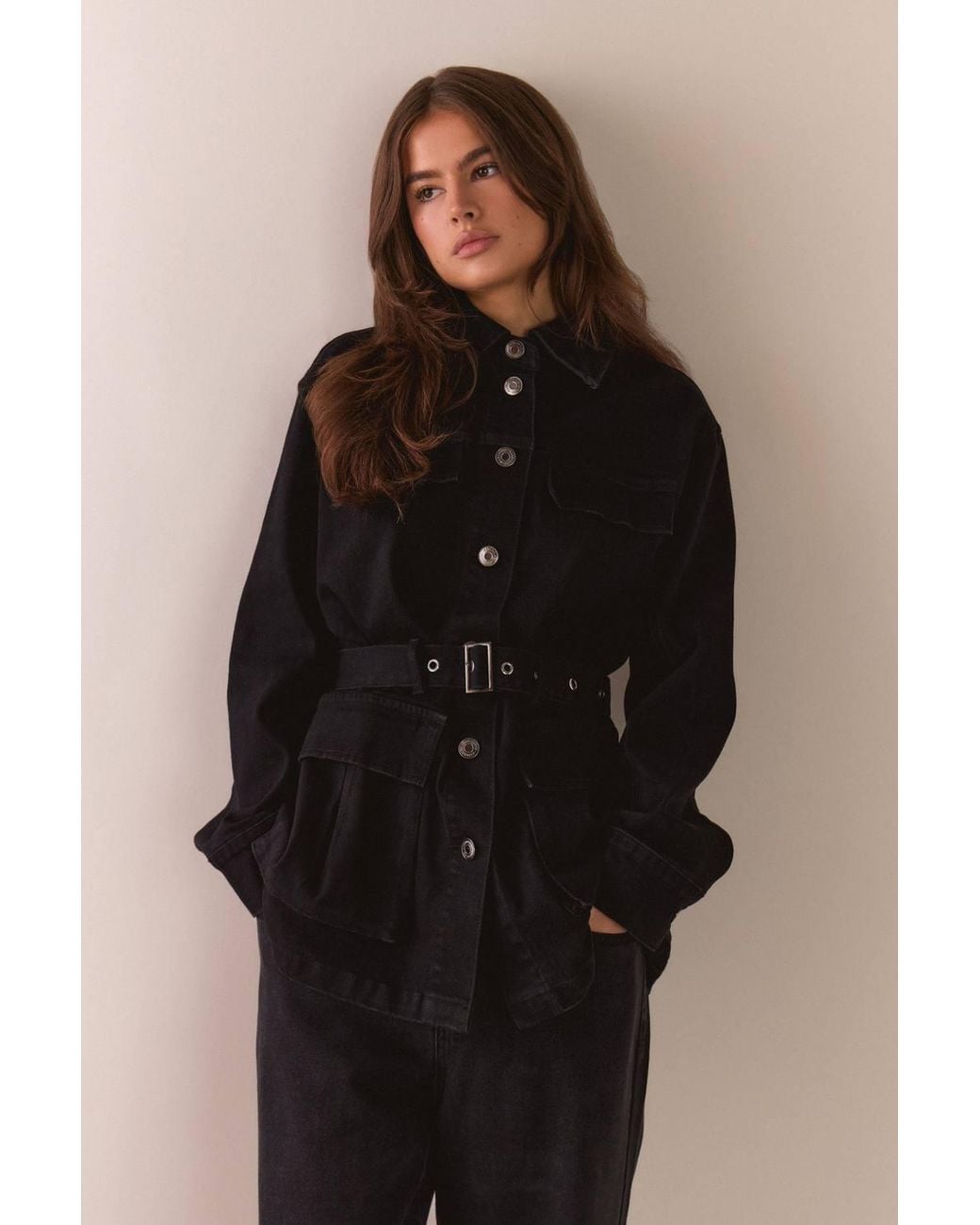 Warehouse Black Pocket Detail Belted Denim Jacket