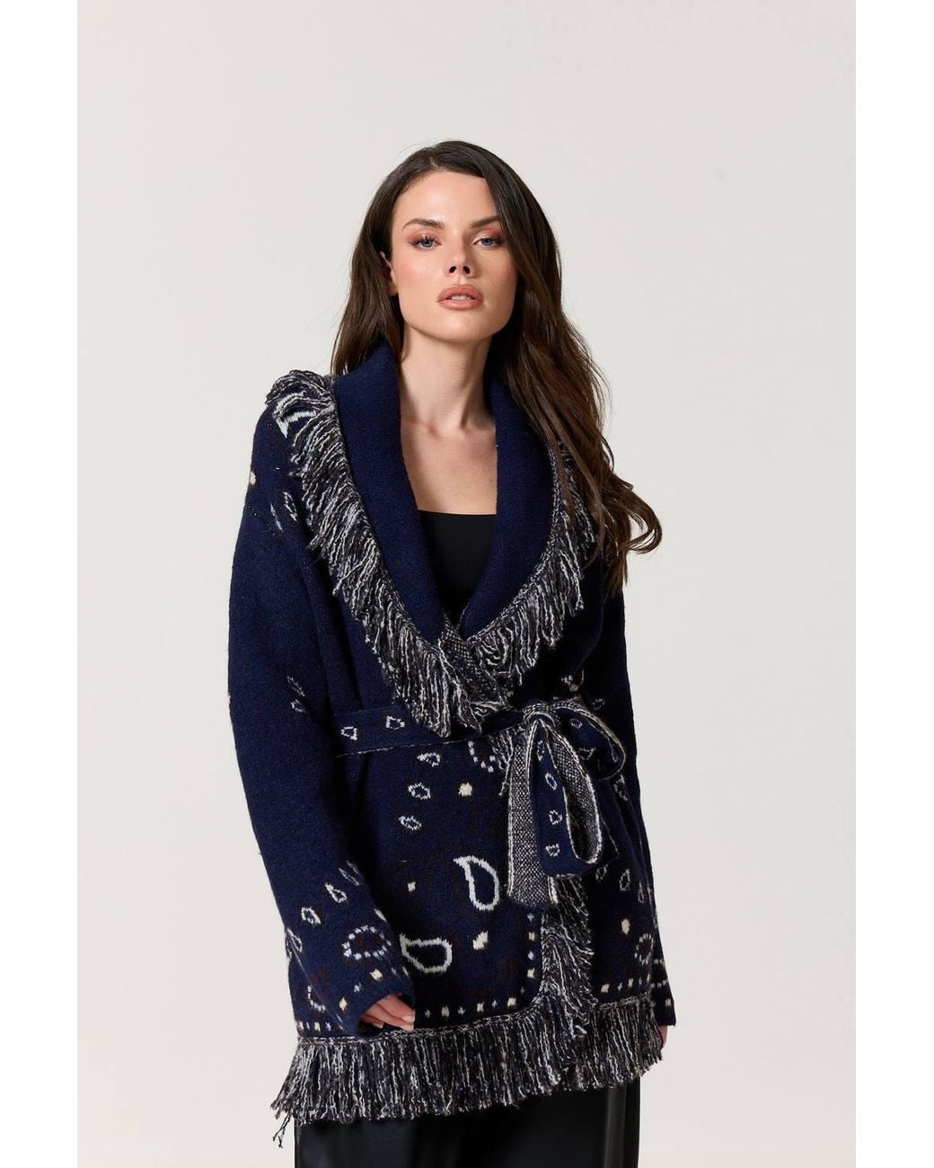 Liquorish Blue Paisley Fringe Wool Blend Cardigan