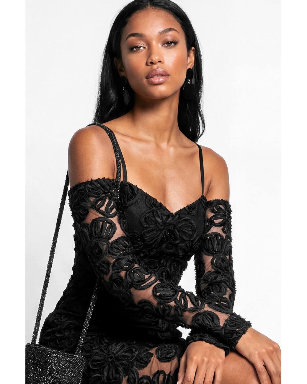 Maya Deluxe Black Cold Shoulder Floral Mesh Maxi Dress