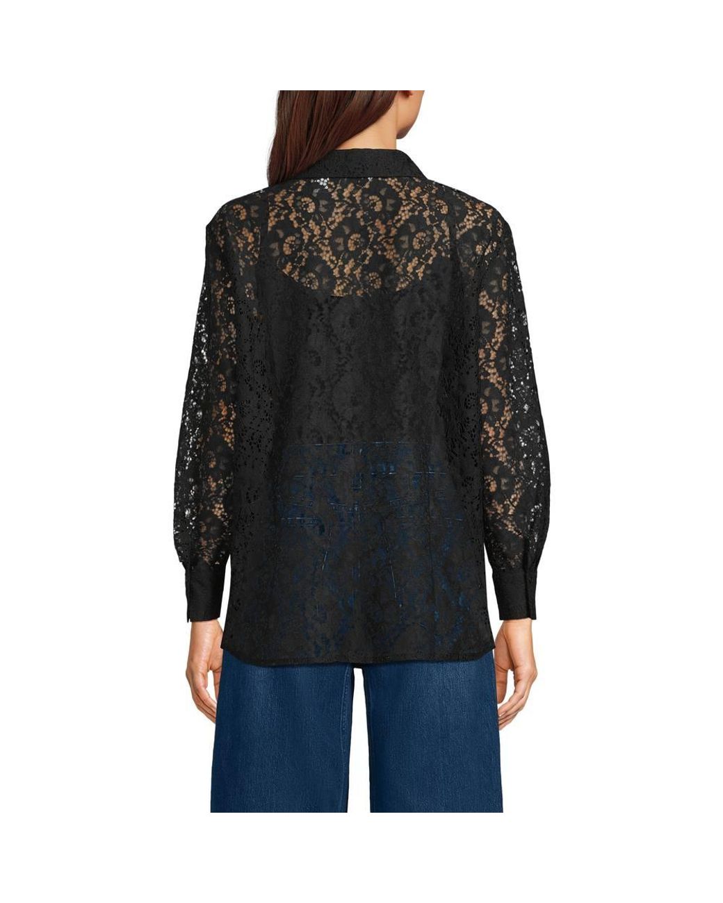 Lands' End Black Petite Lacey Long Sleeve Shirt
