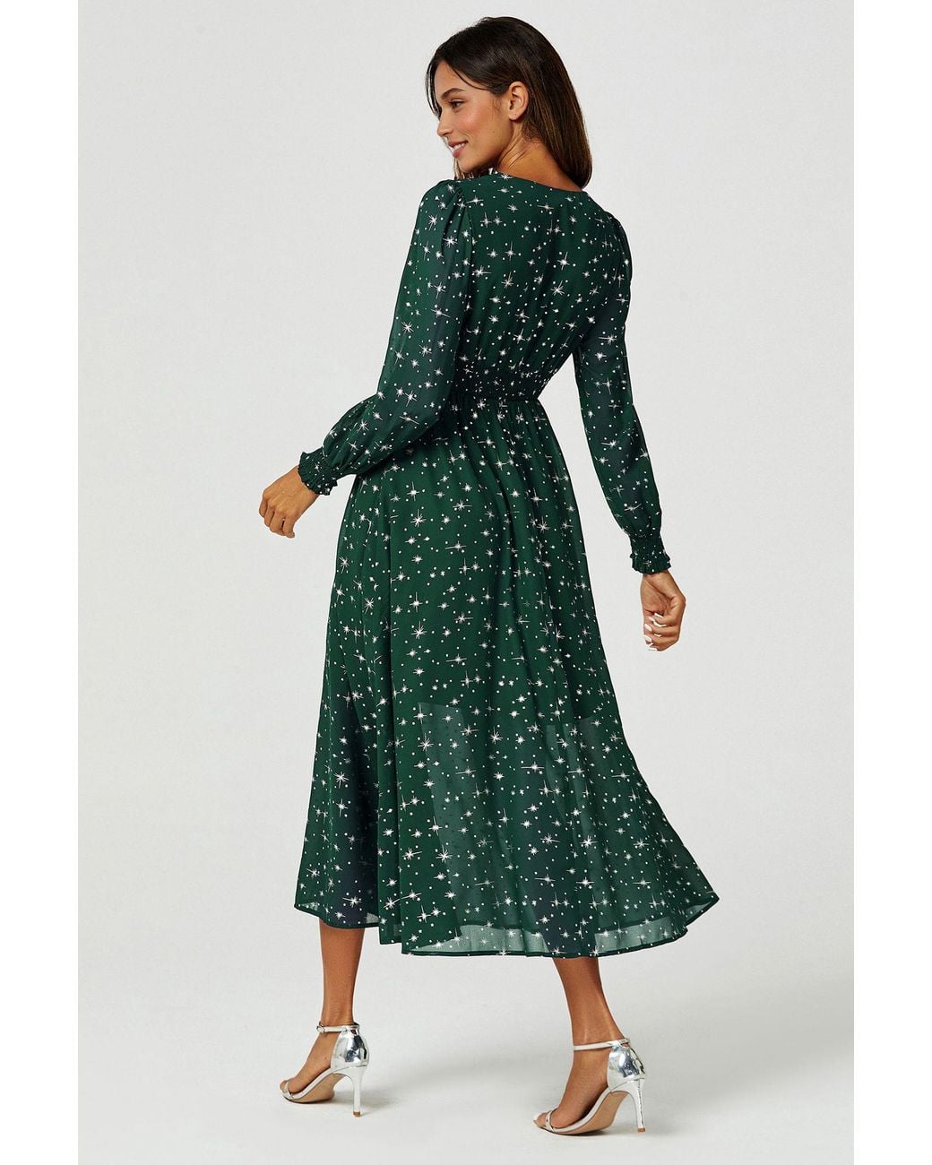 FS Collection Green Sliver Star Foil V Neckline Long Sleeve Maxi Dress