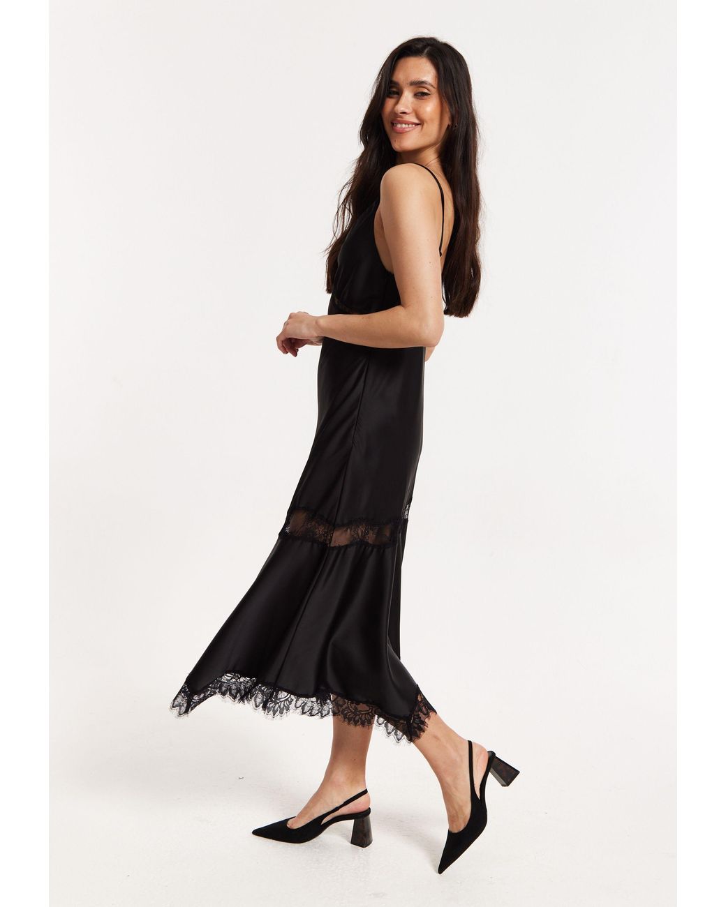 Liquorish Black Satin Lace Midi Slip Dress